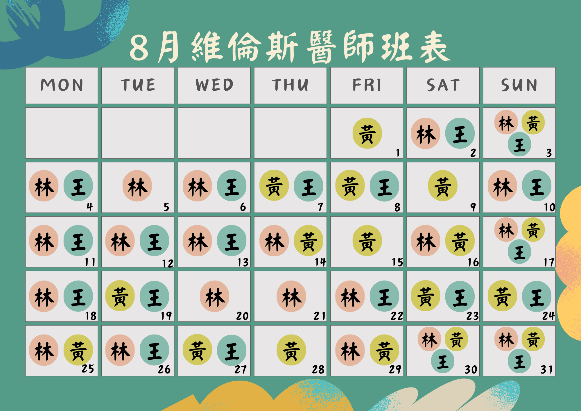 2025年8月維倫斯醫師班表