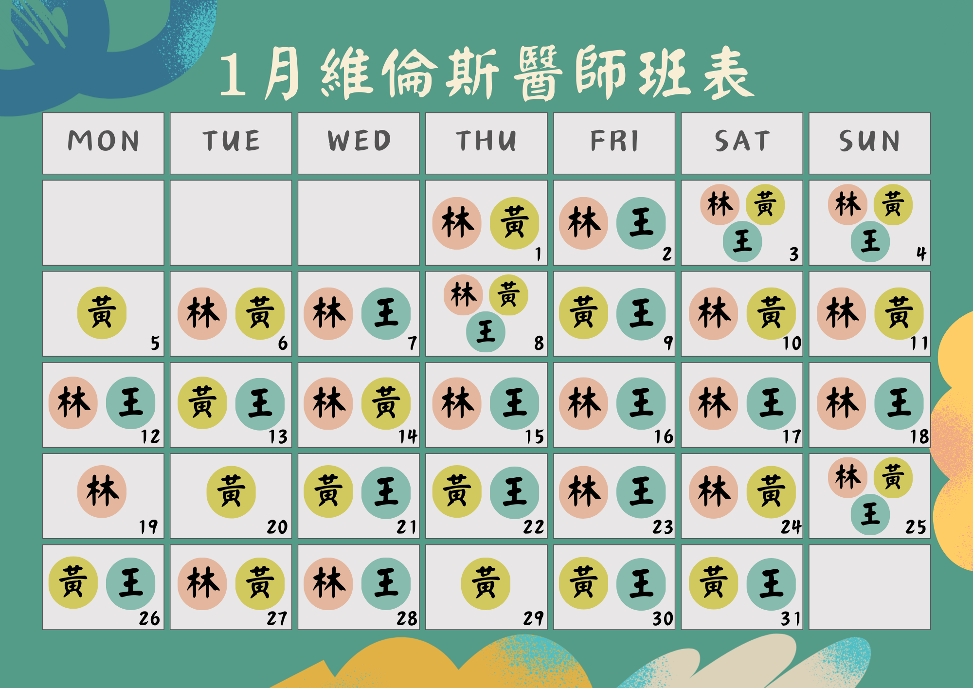 維倫斯 1月 醫師班表